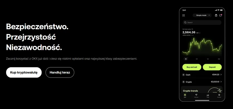 Zrzut ekranu giełdy kryptowalut OKX – strona główna okx.com w polskiej wersji językowej (zrzut redakcji okx-opinie.pl)